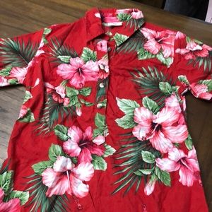 Hawaiian floral, rich red, half button up, pocket, tapered